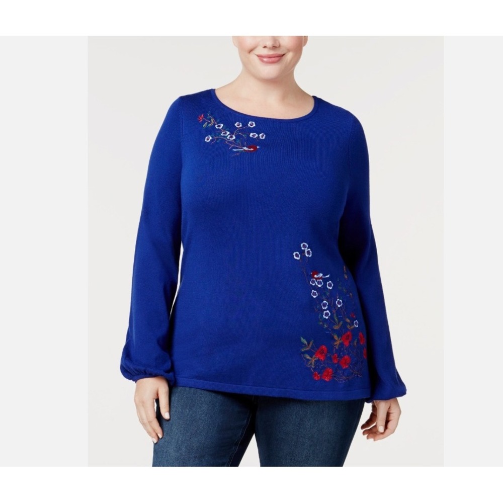 New Charter Club Royal Blue Floral Embroidered Puff Sleeve Knit Sweater XXL